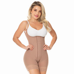 Fajas Colombianas body shaper 083 Girdle with 4 line hooks closure, semi covered back, middle leg, butt lifting effect